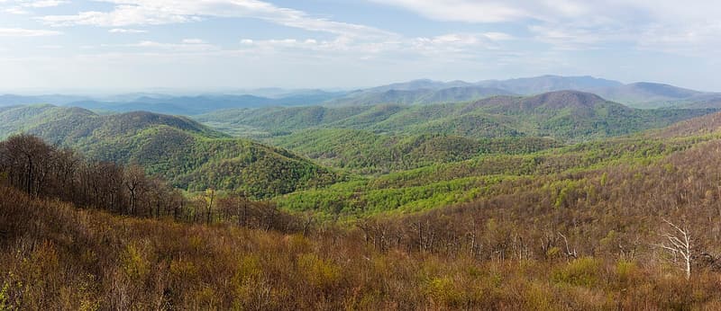 Green valleys and lower slopes below a mountain ridge whose trees are still bare and brown in spring