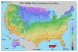 Map of the United States in color bands, purple on the northern plains to orange in southern Florida