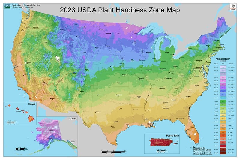 Map of the United States in color bands, purple on the northern plains to orange in southern Florida